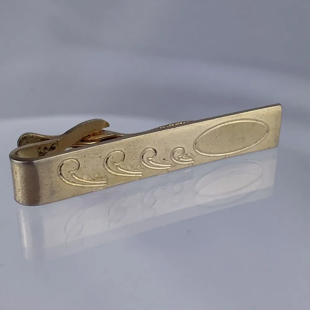 Retro Scroll Swoop Gold Tone Tie Clip Bar Flex Let Quality Vintage